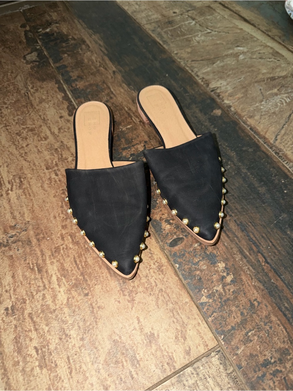 ShuShop Black Pointed Slip-On Mules with Gold Studs